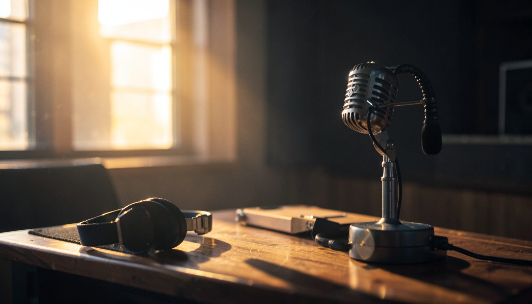 A warm, softly lit radio studio with a vintage microphone on a wooden desk, headphones resting nearby, and gentle amber light spilling through a window.
