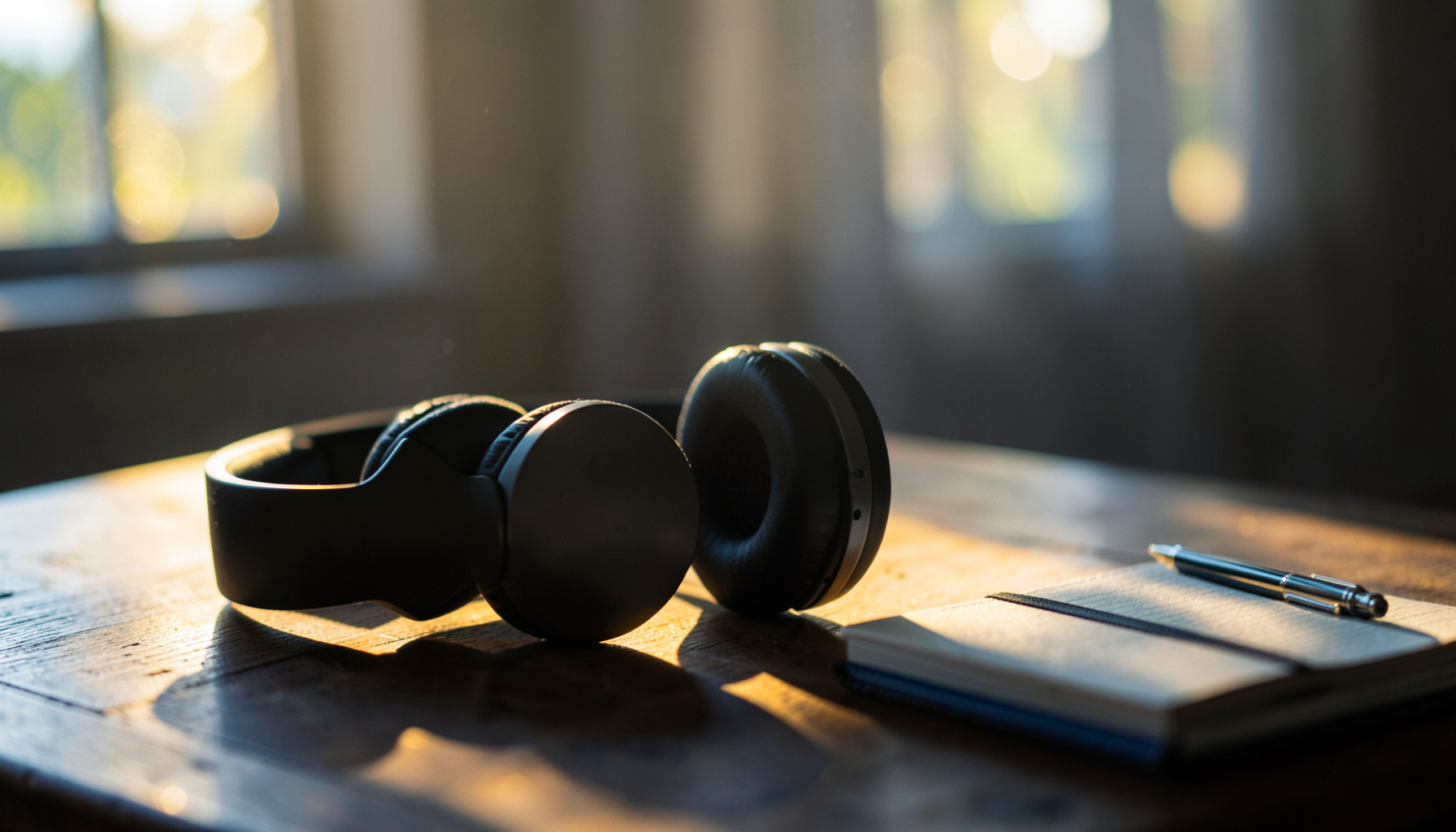 A warm golden-hour photograph of a pair of headphones resting on a wooden desk next to a notebook and pen, with soft bokeh light filtering through a window.