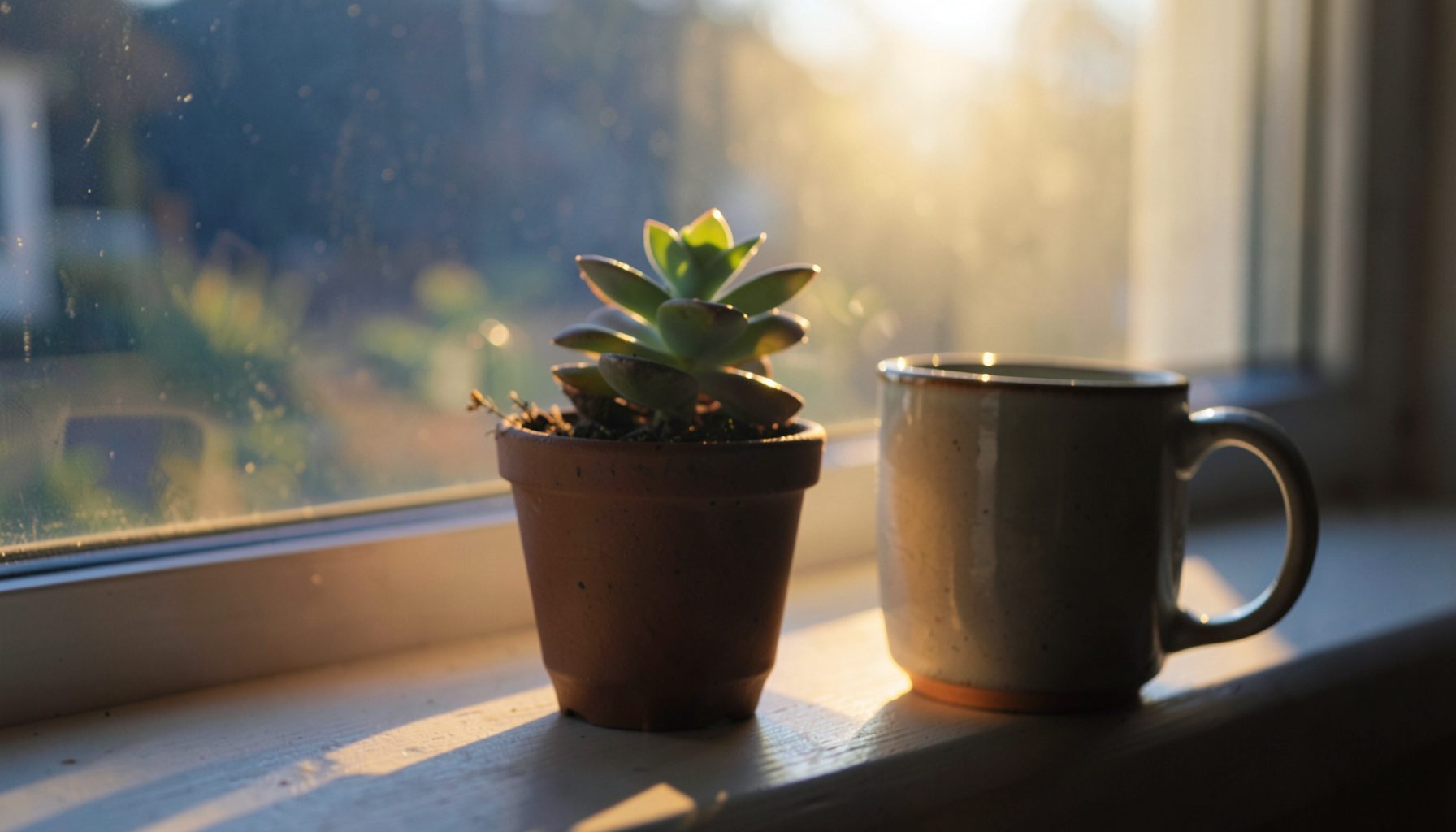 A warm golden-hour photograph of a small potted succulent beside a ceramic mug on a sunlit windowsill, evoking calm and natural wellbeing.