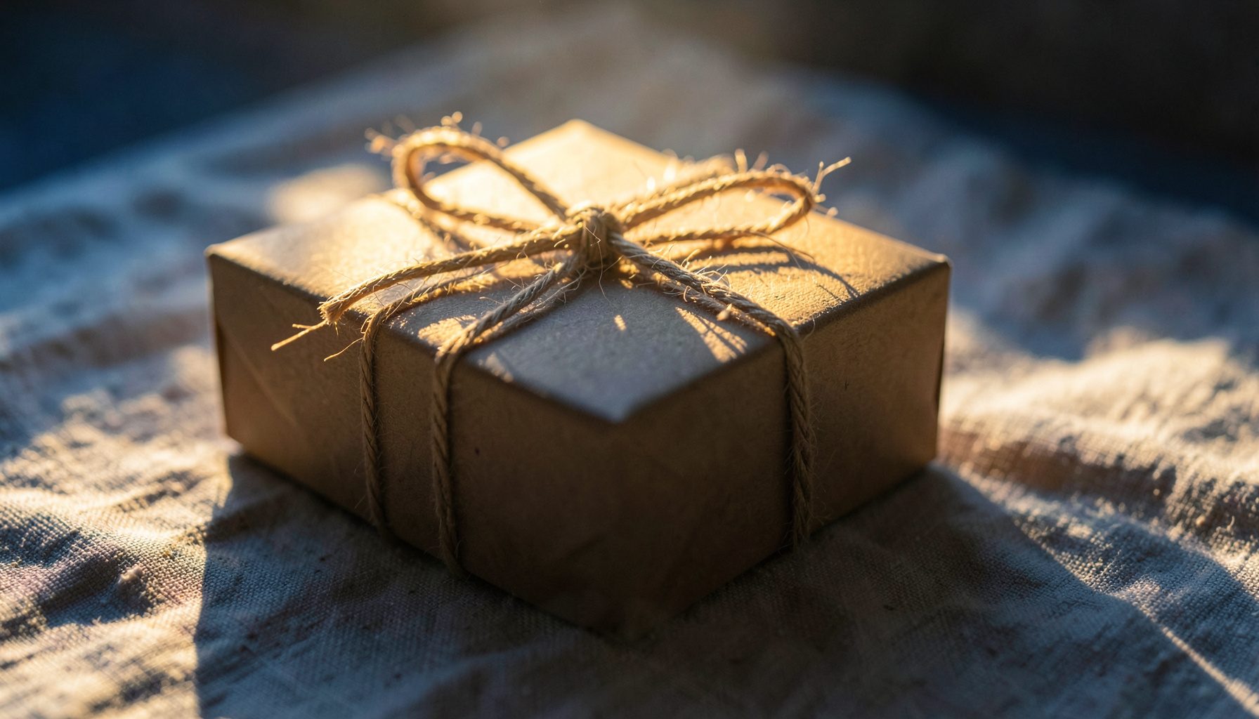 A warm golden-hour photograph of a gift box tied with a natural twine ribbon, placed on a textured linen surface with soft sunlight streaming across it.