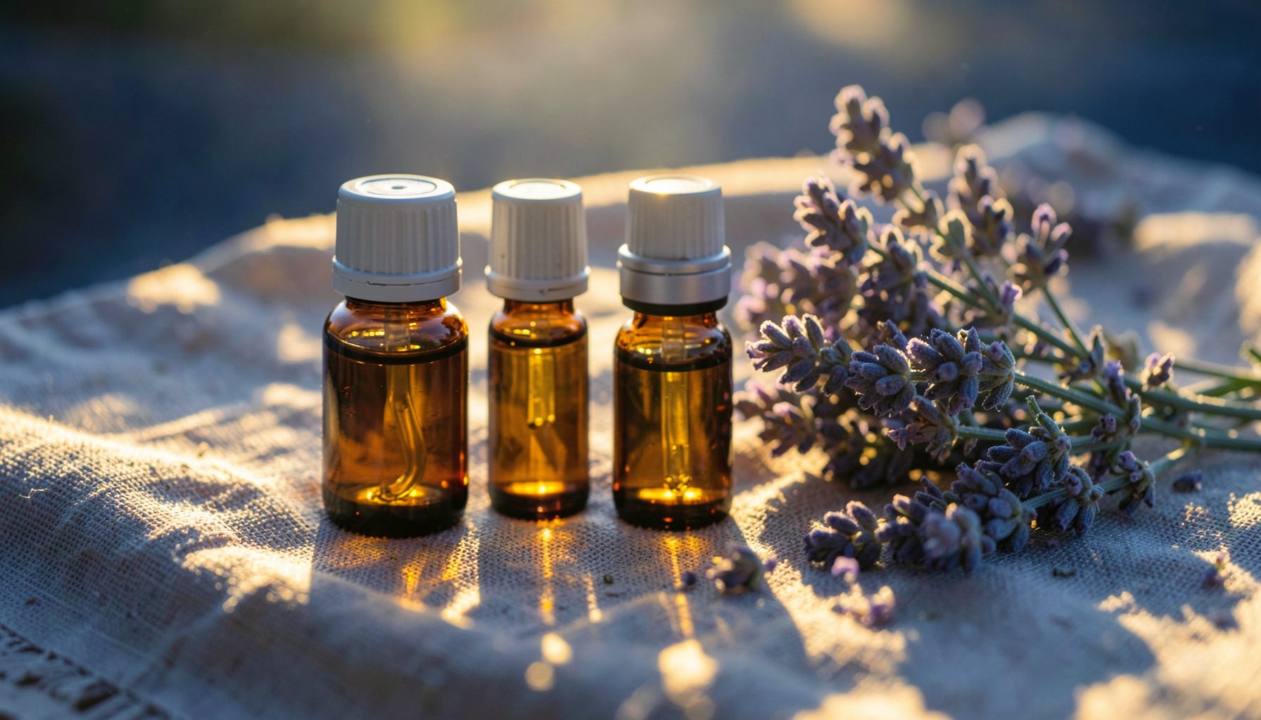 A warm golden-hour photograph of small amber glass essential oil bottles arranged on a natural linen cloth beside a sprig of fresh lavender, with soft sunlight casting gentle shadows.