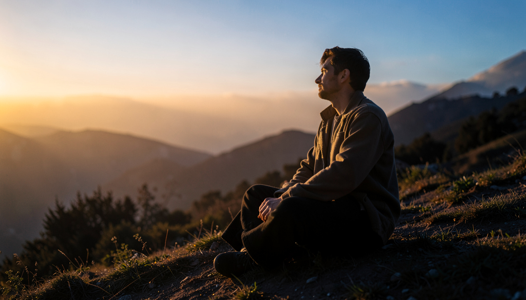 A person sitting quietly on a hillside at sunset, hands resting in their lap, bathed in soft amber light