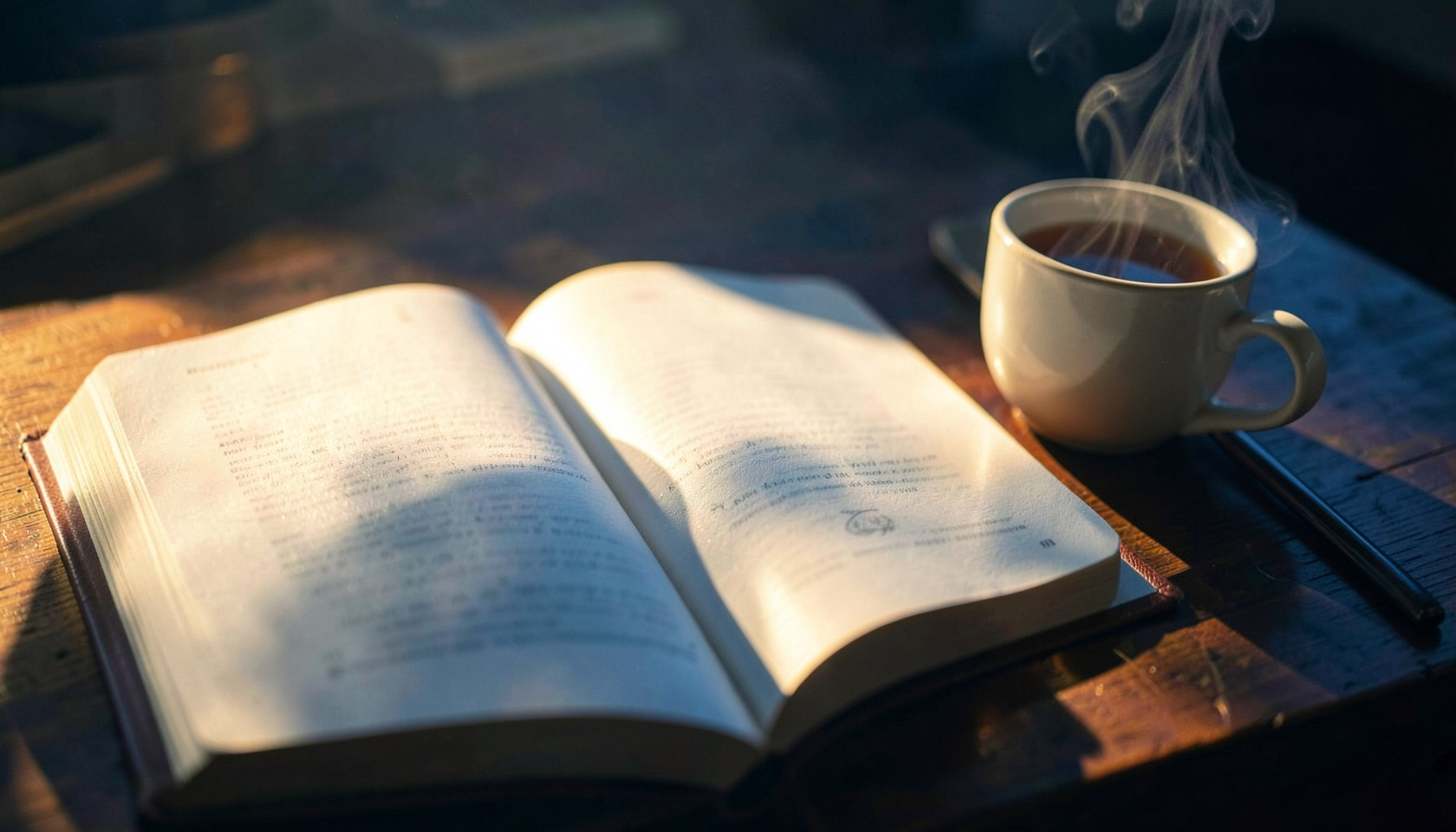 A sunlit open journal on a wooden desk beside a steaming cup of tea, warm golden light spilling across the pages