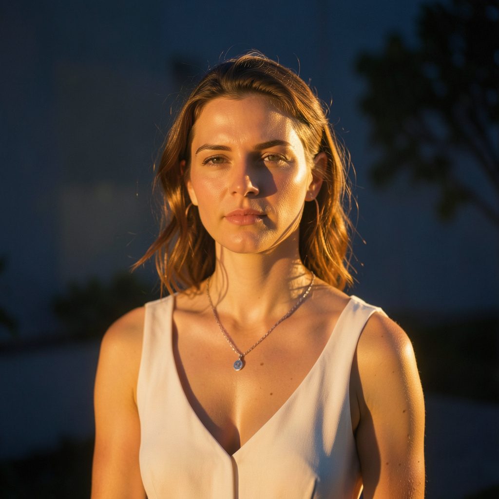 A warm, softly lit portrait of a woman with upswept reddish hair, wearing a mustard silk shirt and jade jewelry, set against a backdrop of black-and-white photography prints.